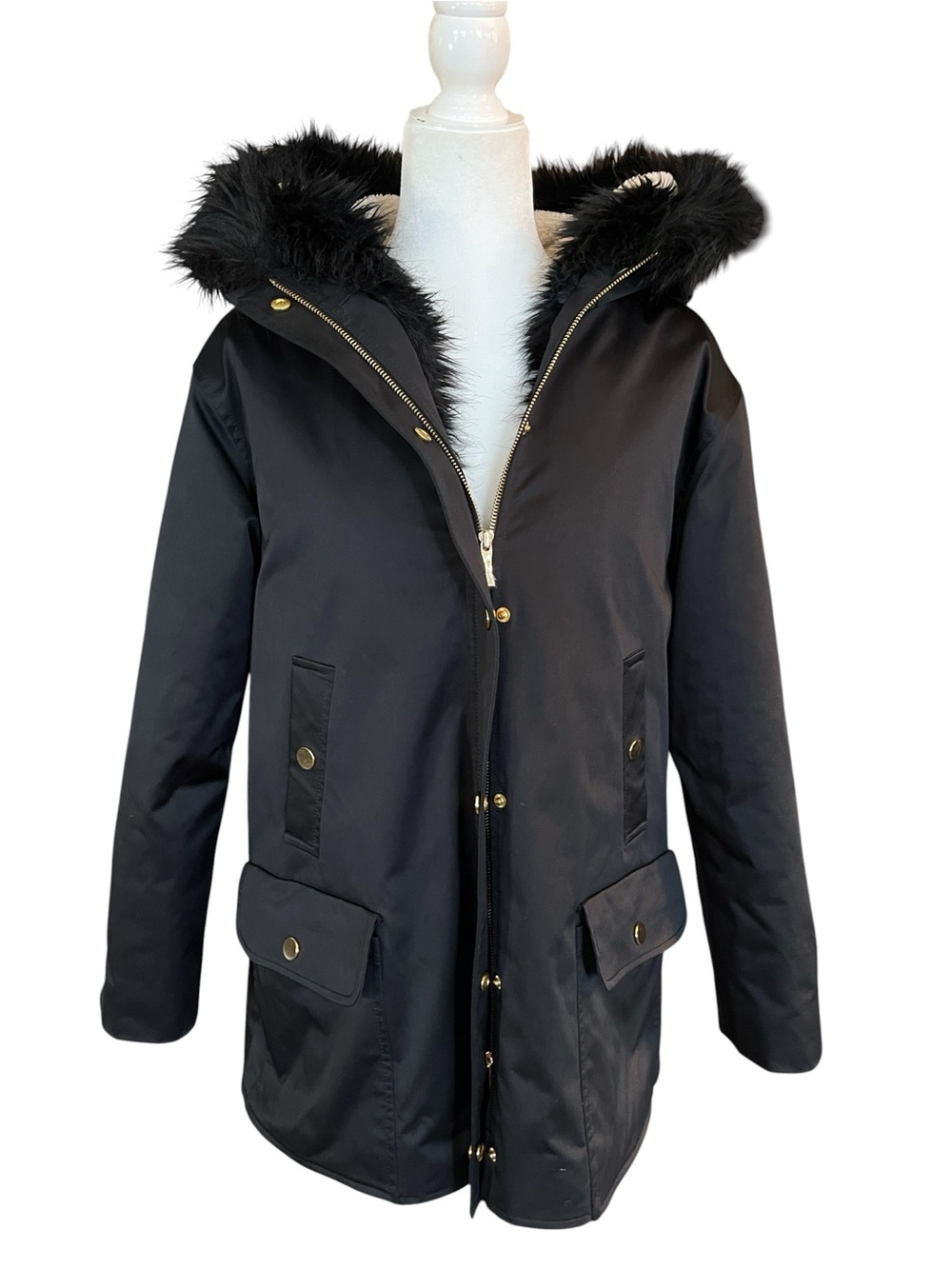 NWOT Kate Spade New York Black Faux-Fur Trim Hooded Coat Jacket Size 10
